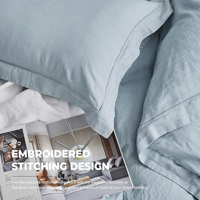 Simple&Opulence 100% Washed Linen Duvet Cover with Embroidered, 2 Pieces Soft Farmhouse Comforter Set with Button Closure,1 Duvet Cover and 1 Pillowsham(Twin,Dusty Blue)
