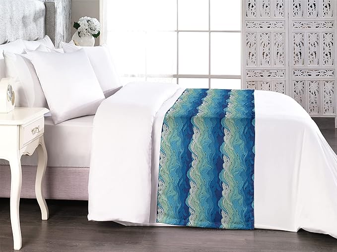 Lunarable Aquatic Bed Runner, Conceptual Ocean Themed Art Hand Drawn Waves Seascape Maritime, Decorative Accent Bedding Scarf for Hotels Homes and Guestrooms, Queen, Mint Green Pale Blue