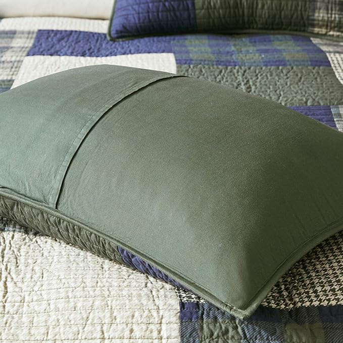 Woolrich Mill Creek Reversible Quilt Set - Cottage Styling Reversed to Solid Color, All Season Lightweight Coverlet, Cozy Bedding Layer, Matching Shams, Oversized King/Cal King, Plaid Green 3 Piece