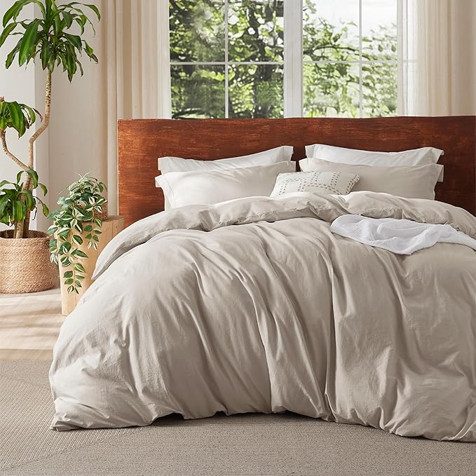 Bedsure 100% Washed Cotton Duvet Cover Oversized Queen - Linen Color Minimalist Cotton Duvet Cover Linen Like - GentleSoft™ Plain Simple Bedding (Oversized Queen, 98"x98")