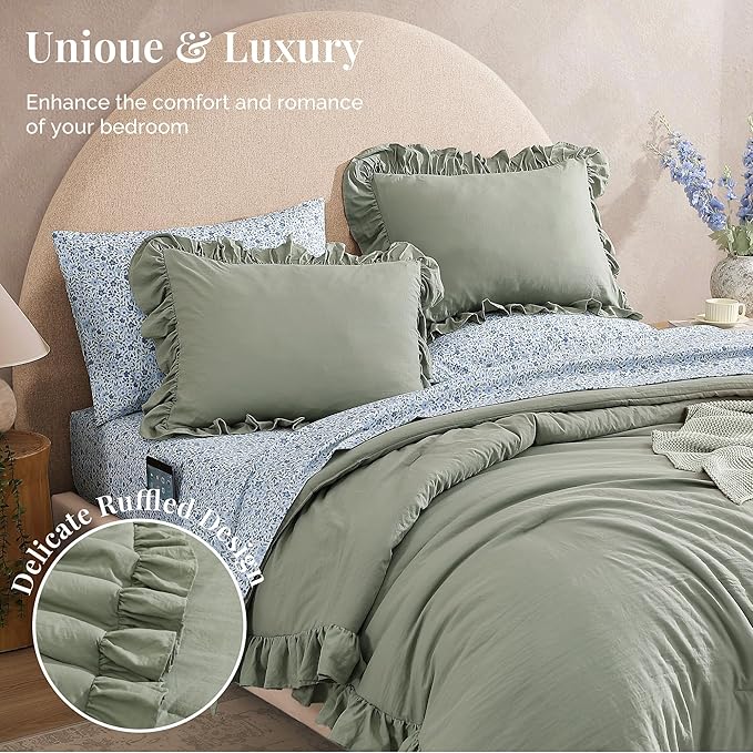 Oversized King Comforter Set - 7 Pieces Ruffle Sage Leaf Bedding Sets, Shabby Chic Farmhouse Bed in a Bag with Ruffle Comforter, Floral Sheets, Pillowcases & Shams