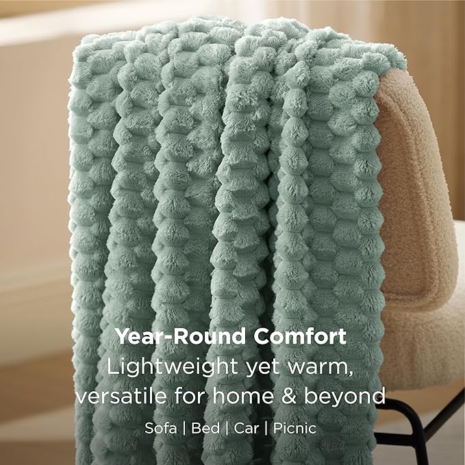 Bedsure Twin Blanket for Bed - 350GSM Fluffy Plush Bubble Blanket for College Dorm for Home Room Decor, GentleSoft Cute Fleece Soft Cozy Gifts for Women Girls, Sage Green, 60x80 Inches