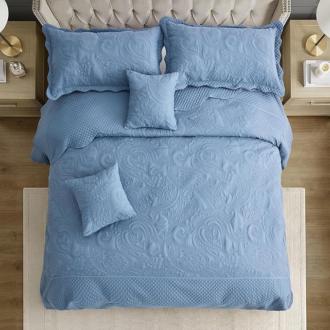 Oversized King Bedspread 138x122 Extra Wide, Paisley Pattern Design, Lightweight Bedding Cover, Reversible, 5 Piece, 100% Microfiber, California/Alaskan King, Smokey Blue