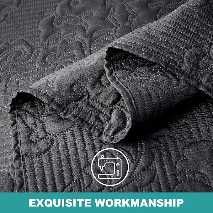 Hansleep Black Quilt Queen Size - Damask Ultrasonic All Season Bedspread Queen, Soft Lightweight Coverlet Bedding Set, 3 Pieces (1 Quilt, 2 Pillow Shams)