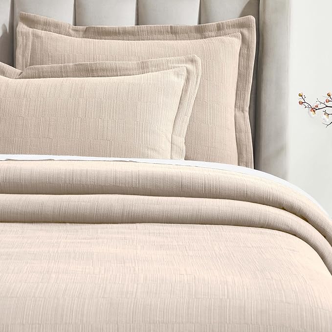Superior 3 Piece Cotton Bedspread and Sham Set, Home Bed Decor, Decorative Bed Spread, 2 Pillow Shams, Medium Weight, Textured Matelasse Coverlet Bedding, Zenith Collection, California King, Beige
