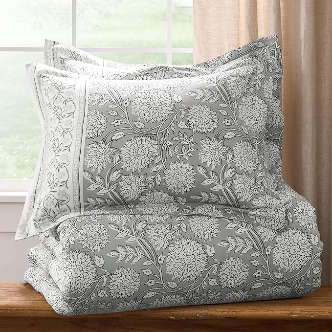 Levtex Home Adare Grey Reversible Twin Duvet Cover Set (68x88in) with 1 Pillowcase (26x20in) - Floral Bedding - Grey and White - 100% Cotton Twin Size Duvet Cover Set - Soft, Pre-Washed