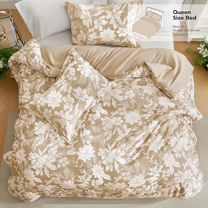 Joiedomi King Size Comforter Set Beige, 3 Pieces Floral King Bedding Set with 1 Soft Reversible Botanical Flower Comforter and 2 Pillow Shams, Bed in a Bag for All Seasons