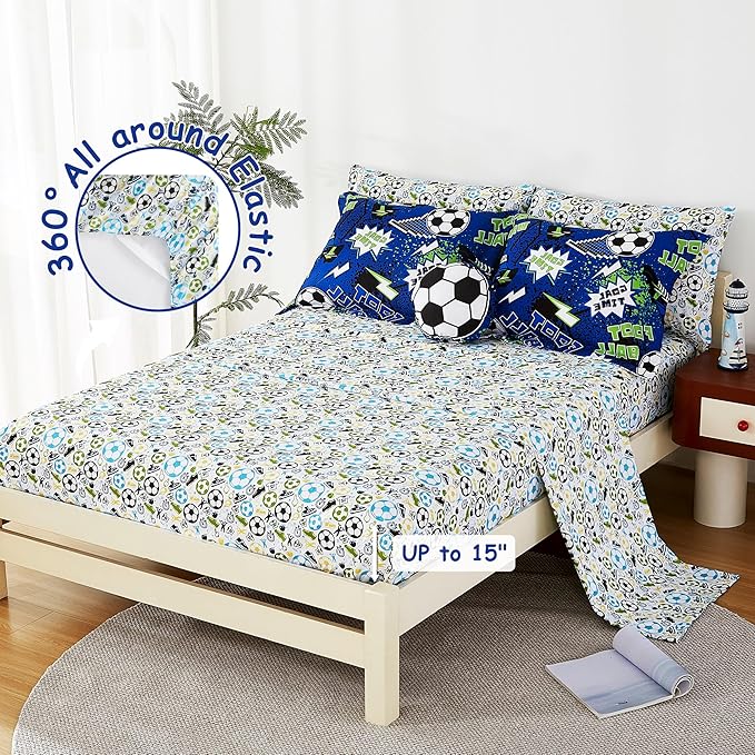 Mooreeke Kids Full Comforter Sets for Boys 8 Pieces Cool Football Bedding Set for Teens Microfiber Blue Green Soccer Kids Bed in A Bag with Comforter, Sheet Set, Shams and Decorative Toy Pillow
