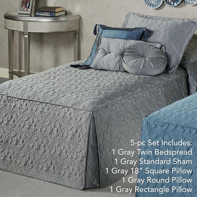 Cambridge Classic Luxury Bedding | Neutral Warm Gray Solid Color Polyester Satin | Elaborate Damask Quilting | 5 Pc Set: Twin Bedspread, Standard Sham, & 3 Decorative Pillows | Also Fits Twin XL Beds