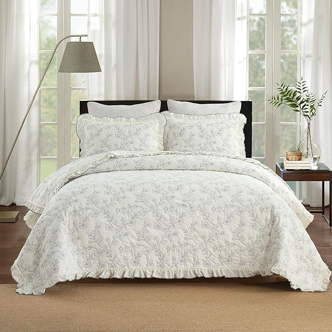 MarCielo 3-Piece 100% Cotton Bedspread Lightweight Quilt Coverlet Embroidery Farmhouse Bedding Set (Floral,King (106" X 98"))