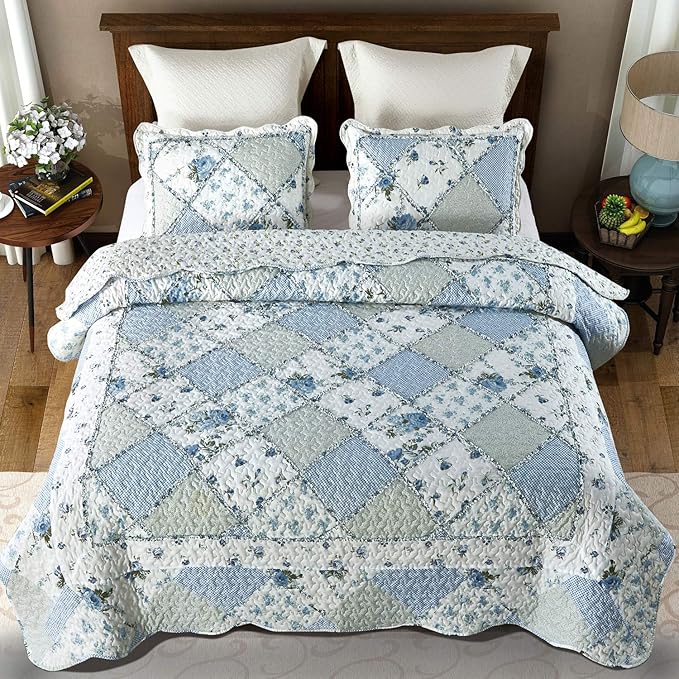 Oversized King Size Blue Floral Plaid Patchwork Quilt Set 128x120 Extra Wide Super King Size Rversible Quilted Bedspread Coverlet Set 3-Piece Comforter Bedding Set Bed Cover with 2 Pillow Shams | Oversized King Quilt, Blue Floral Quilt, Rversible Bedsp...