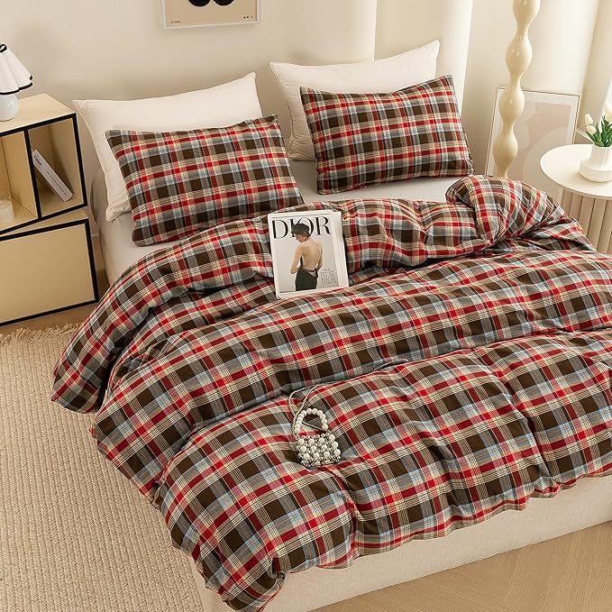 ECOCOTT Buffalo Plaid Duvet Cover Queen Size– 3 Piece Washed Cotton Bedding Set with Classic Checkered Pattern, Red & Brown Duvet Cover with Pillowcases for All Seasons