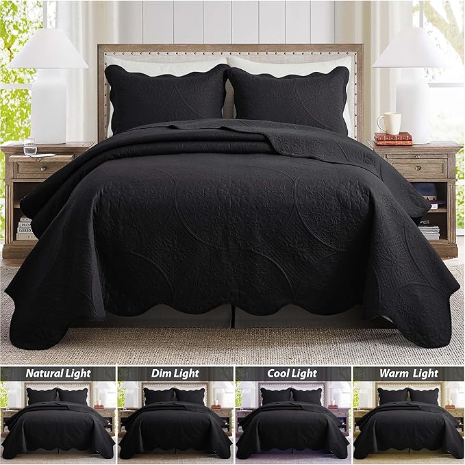 IR Imperial Rooms King Quilt Bedding Set Size (106" x 96") + 2 Pillow Shams (20" x 36"+ 2") - 3 Pcs All Season Lightweight Reversible Microfiber Coverlet Floral Embossed Quilt Bedspread (Black)