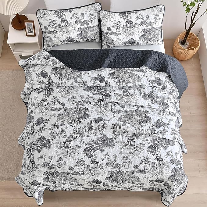 WONGS BEDDING Botanical Quilt Set Queen Size, Black 3 Pieces Toile Floral Plants Printed Bedspread Bedding Set Soft Lightweight Microfiber Coverlet Set for All Season (96"x90")