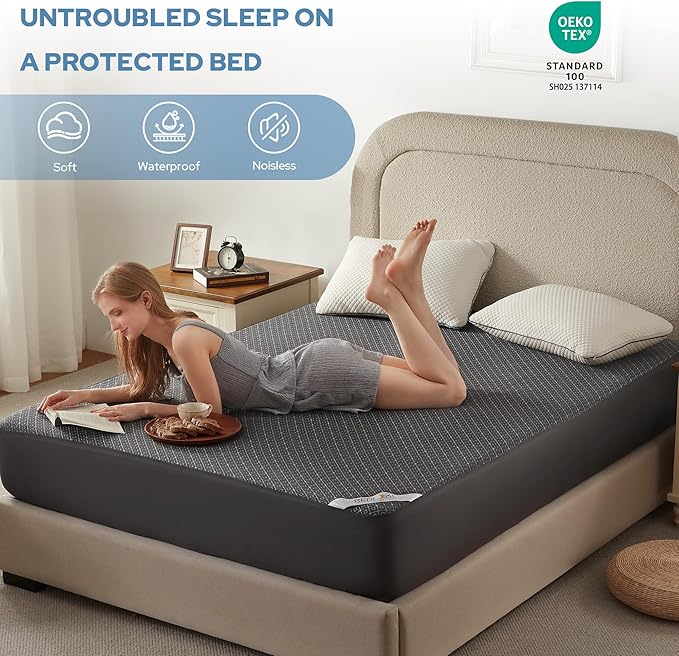 BEDLORE Queen Mattress Protector, Waterproof Noiseless Mattress Cover with Deep Pocket for 6-18 inches Mattress, Soft Breathable Mattress Pad Machine Washable (Dark Gray)