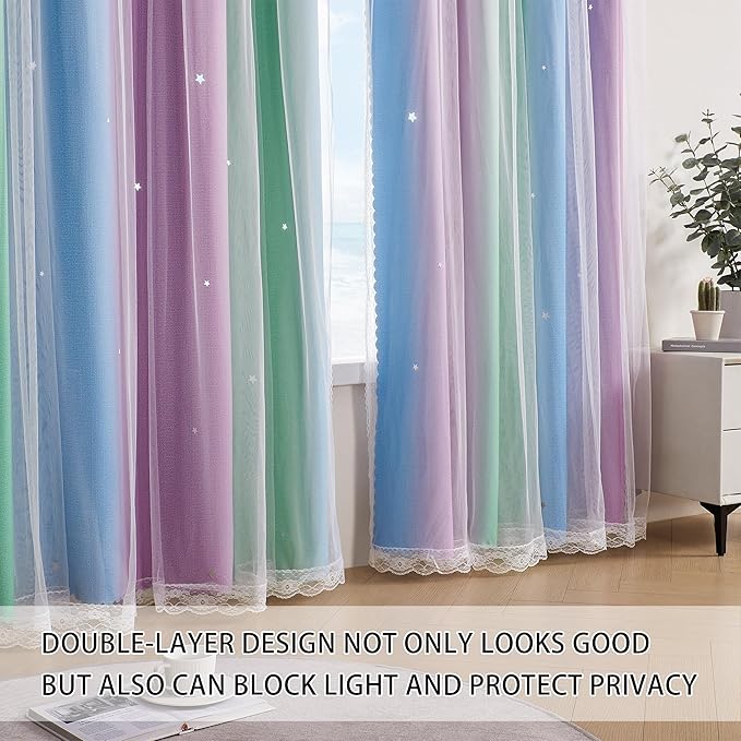 XiDi Green Purple Blue 90 Inches Curtains for Girls Bedroom 2 Panels Set, Blackout Rainbow Curtains for Kids Room Decor, Unicorn Wall Decals Drapes for Little Girl Nursery Room 52 Inches Wide