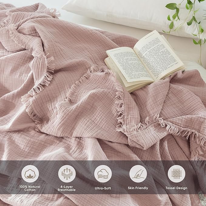 MooMee Muslin Blanket - 100% Cotton 4-Layer Gauze Throw Blanket with Tassels Ultra-Soft Breathable Lightweight Cooling for Bed Couch (Greyish Pink,King 104" x 90")