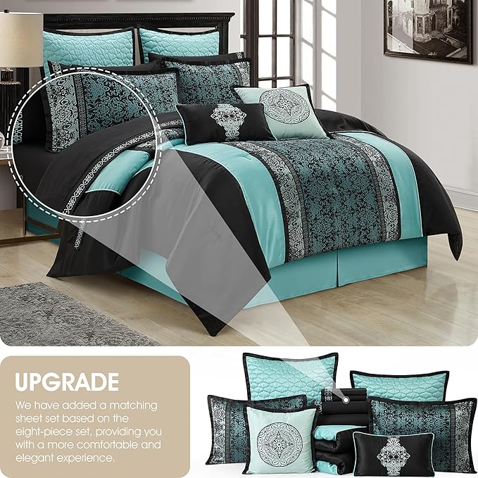 Grand Avenue Black & Teal Comforter Set King Size, Classic Jacquard Bedding Sets, Faux Silk, Premium Microfiber, 12 Pieces Bed in a Bag, Matching Fitted Sheet, Flat Sheet