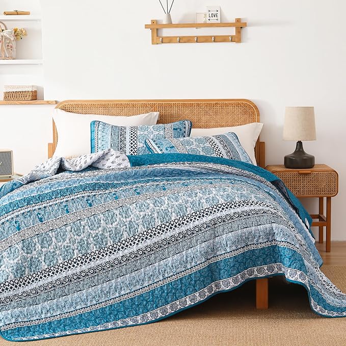 WONGS BEDDING Boho Quilt Set King Size, Teal Blue Bohemian 3 Pieces Quilt Sets, Lightweight Bedspread Coverlet Bedding Set for All Season (104"x90")