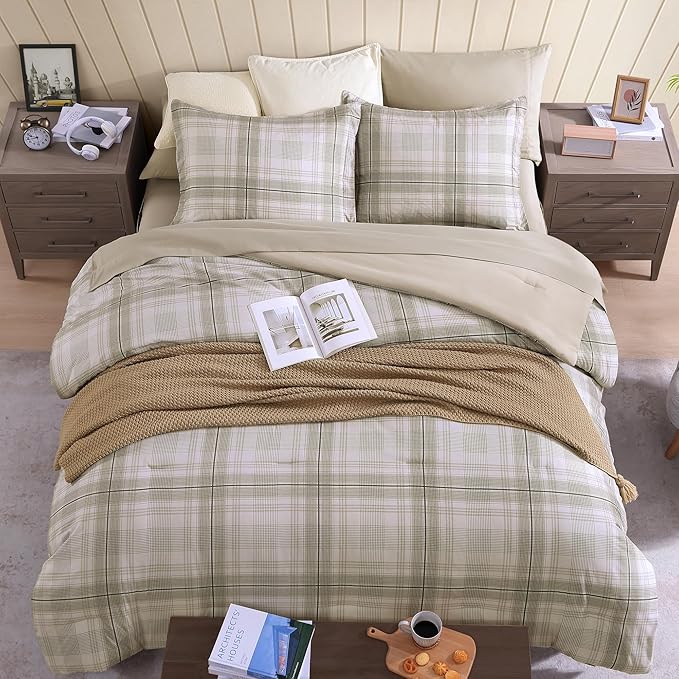 Twin XL Comforter Set, Khaki Green Plaid Bedding Set 5 Piece for Boys Girls Teen, Classic Homestead-Style Kids Comforter Set Bed in A Bag with Sheets, Pillowcase & Sham