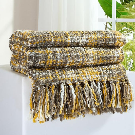 Multi-Color Gold Cable Knitted Throw Blanket for Couch,60"X80" Boho Style Textured Blankets for Home Decor,Super Soft Warm Cozy Chunky Knit Blanket with Decorative Tassels for Bed and Sofa
