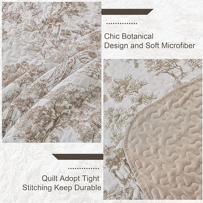 WONGS BEDDING Botanical Quilt Set King, Floral 3 Pieces Khaki Plants Printed Bedspread Bedding Set Brown Soft Lightweight Microfiber Coverlet Set for All Season (104"x90")