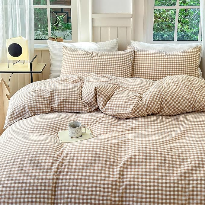 LifeTB Tan Gingham Comforter Set Twin XL Modern Style Beige Plaid Comforter Set 3 Pieces Soft Fluffy Grid Checkered Pattern Comforter with 2 Pillowcases Farmhouse Gingham Bedding Set Twin XL