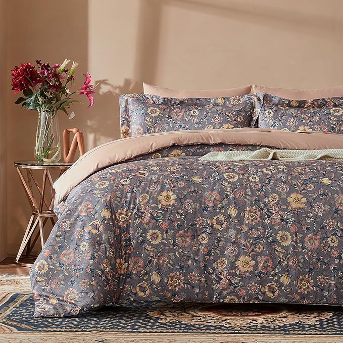 Cupocupa King Duvet Cover Set - 3pc Paisley Bedding - Vintage Boho Cottagecore Floral Print, Soft Microfiber Botanical Quilt Cover with Pillowcases (King, 104"x90")