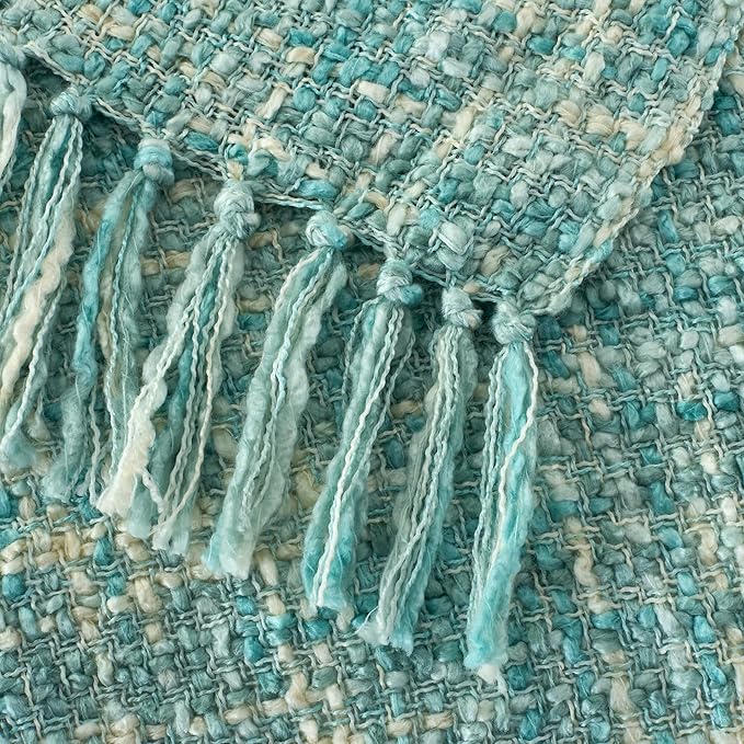 Multi-Color Turquoise Cable Knitted Throw Blanket for Couch,50"X60" Boho Style Textured Blankets for Home Decor,Super Soft Warm Cozy Chunky Knit Blanket with Decorative Tassels for Bed
