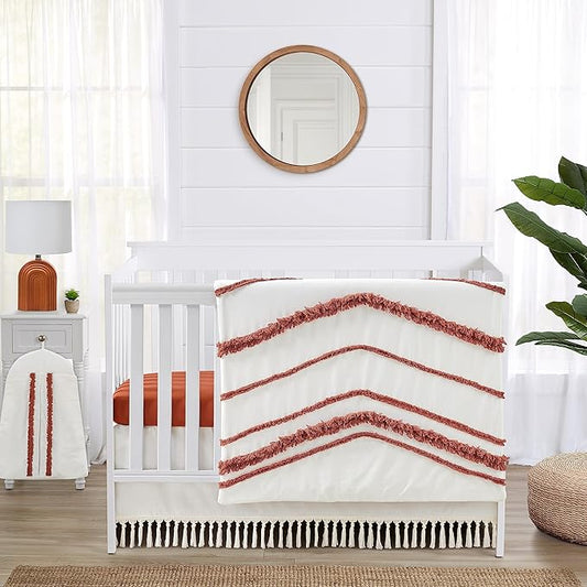 Sweet Jojo Designs Orange Boho Bohemian Girl boy Baby Crib Bedding Set Infant Nursery Blanket Fitted Sheet Skirt Diaper Stacker 4p Burnt Rust Ivory Farmhouse Shabby Chic Modern Tassel Fringe Cotton