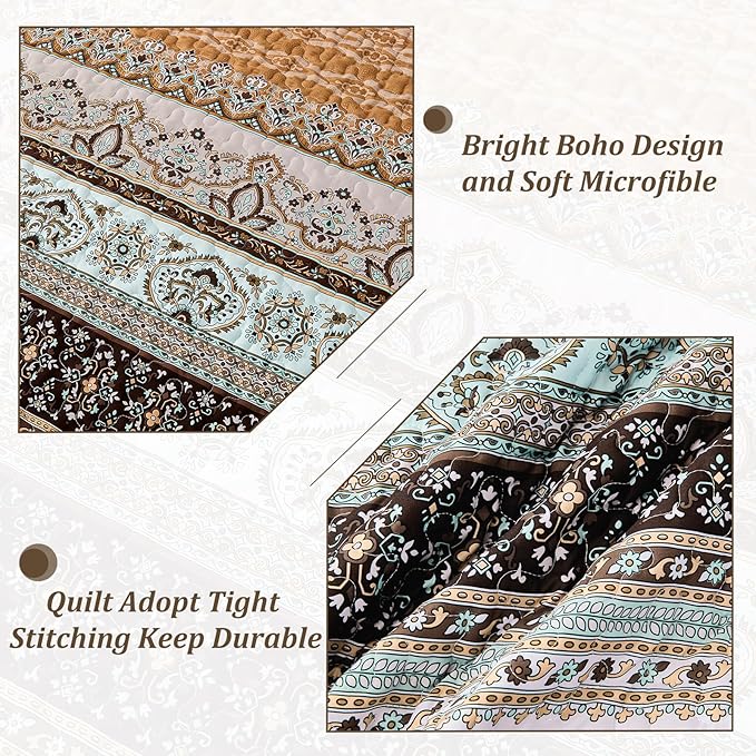 WONGS BEDDING Boho Fall Quilt Set Twin, Brown Bohemian Quilt Bedding Set, Ultra Soft Lightweight Bedspread for All Season Reversible Microfiber Coverlet Bedding Set 68"x86"(3 Pieces)