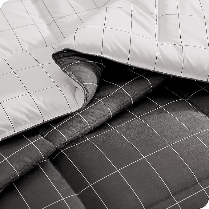 Bare Home Bed-in-A-Bag 7 Piece Comforter & Sheet Set - Queen - Goose Down Alternative - Ultra-Soft 1800 Premium Bedding Set (Queen, Grid - Grey/White Comforter Set, White Sheet Set)