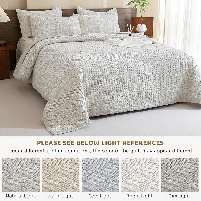 Sanracie Cotton Quilt Set King Size(110"x98"), Khaki Waffle Quilted Bedspread Sets,3Pcs Soft Lightweight King Quilt Bedding Set,Farmhouse Coverlet Quilt Set Shabby Vintage Chic Bedding Set