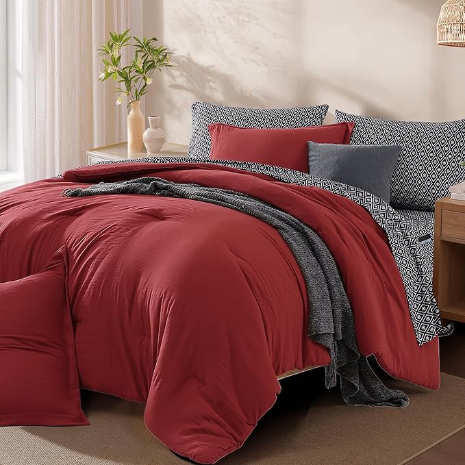 Monbix Full Size Comforter Set - 7 Pieces Bright Red Prewashed Bed in a Bag Full Bedding Sets with Comforters, All Seasons Ultra Soft Comforter Bed Set with Sheets, Pillowcases & Shams