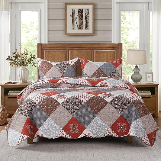 HoneiLife Quilt Set Queen Size - 3 Piece Microfiber Bedspread Reversible Coverlet Patchwork Bedding Set Lightweight Bedcover Floral Bedspreads All Season Quilts-Amaranth Red