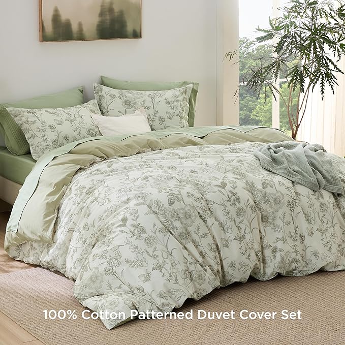 Bedsure Duvet Cover Queen Size - 100% Cotton Reversible Floral Queen Duvet Cover Set with Zipper Closure, 3 Pieces Soft & Breathable Botanical Green Bedding Set with 2 Pillow Shams 20"x26"