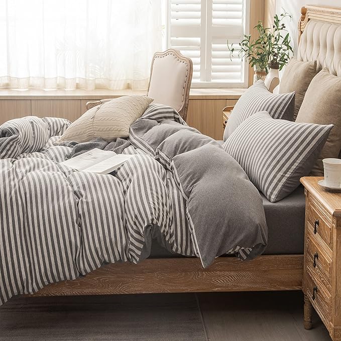 PURE ERA Jersey Knit Duvet Cover Set 100% T-Shirt Heather Cotton Super Soft Comfy Classic Striped Design, with Zipper Closure, Grey Stripe, King