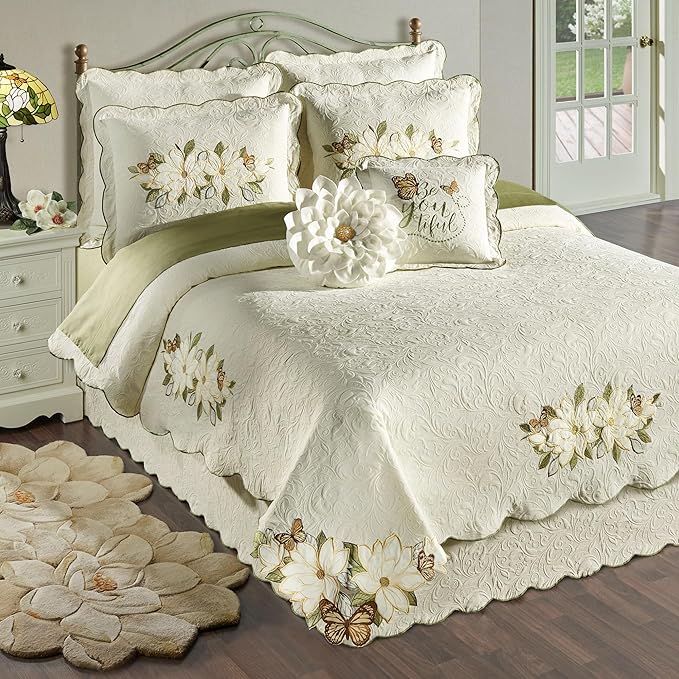 Sweetbay Garden Luxury Matelasse Bedding | Magnolia, Butterfly, & Leaf Velvet Appliques | 4-Pc Ivory Textured Scroll Lightweight Bed Set: Full Coverlet, Bedskirt, 2 Standard Shams, & 2 Accent Pillows