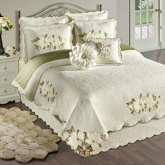 Sweetbay Garden Luxury Matelasse Bedding | Magnolia, Butterfly, & Leaf Velvet Appliques | 4-Pc Ivory Textured Scroll Lightweight Bed Set: Full Coverlet, Bedskirt, 2 Standard Shams, & 2 Accent Pillows