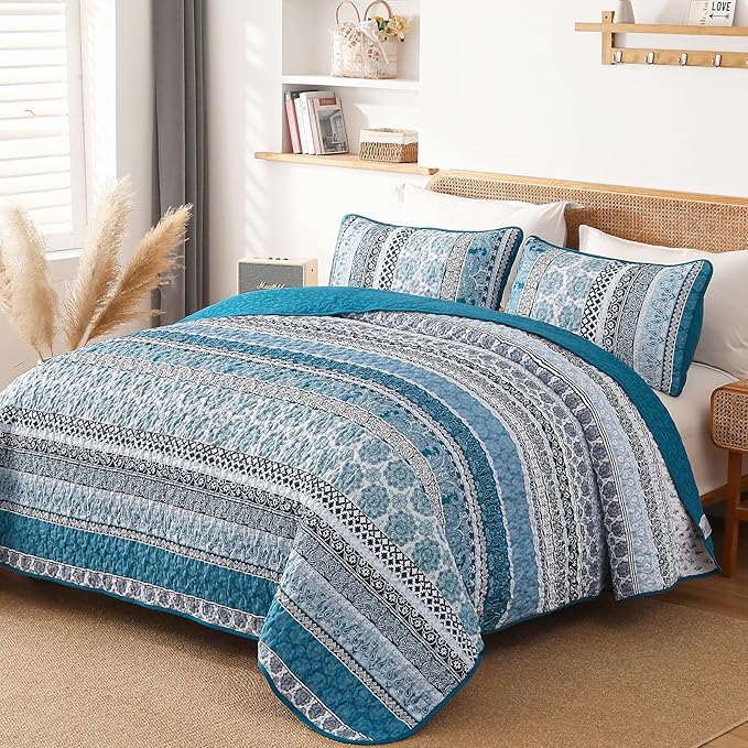 WONGS BEDDING Boho Quilt Set King Size, Teal Blue Bohemian 3 Pieces Quilt Sets, Lightweight Bedspread Coverlet Bedding Set for All Season (104"x90")