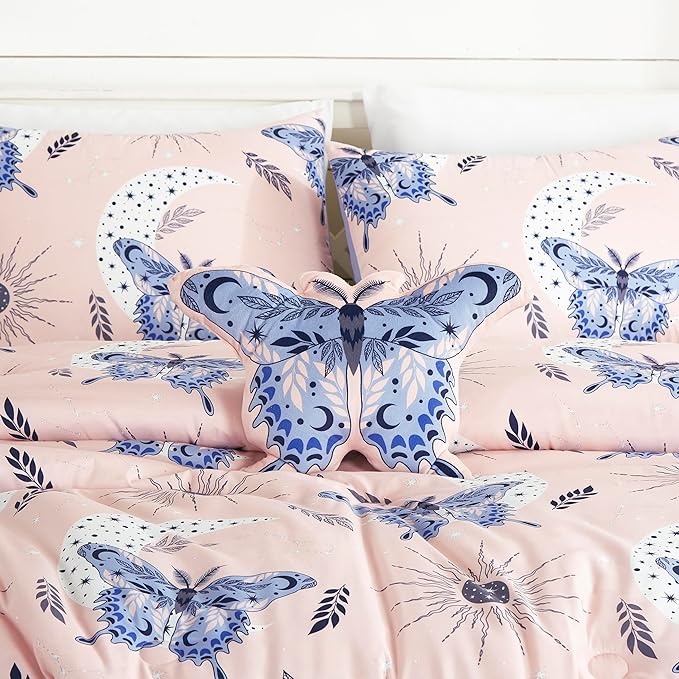 Chezmoi Collection 3-Piece Mystical Butterfly Kids Bedding Set Twin Size - Pink Lavender Blue White Soft Microfiber Comforter Set w/Butterfly Throw Pillow for Kids Teens