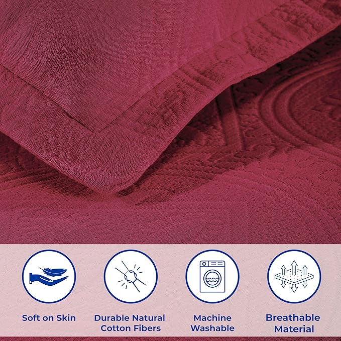 Superior 2 Piece Celtic Circles Cotton Bedspread Set, Decorative Bed Spread, Home Bed Decor, 1 Pillow Sham, Medium Weight Blanket, Matelasse Coverlet Bedding, Wedding Ring Design, Full, Burgundy