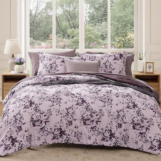 Full Comforter Set -7 Pieces Deep Purple Floral Comforter Set for All Seasons, Bed in a Bag Full with Botanical Flowers Comforter, Sheets, Pillowcases & Shams