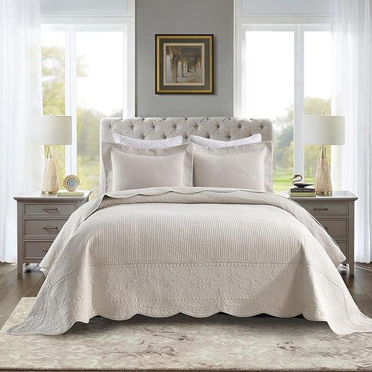 MarCielo 3-Piece 100% Cotton Oversized Bedspread Lightweight Quilt Coverlet Embroidery Farmhouse Bedding Set (TG Cream, Oversized King (118"x106"))