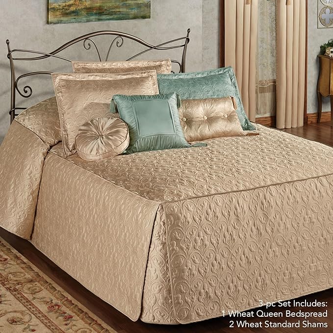 Cambridge Classic Luxury Bedding | Neutral Wheat Solid Color Polyester Satin | Elaborate Damask Quilting | Fitted, Oversized 24 Inch Drop | 3 Piece Bed Set Includes Queen Bedspread & 2 Standard Shams