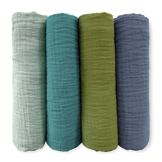 SwaddleDesigns Cotton Muslin Swaddle Blankets for Baby Boy & Baby Girl, Set of 4, Neutral Receiving Blankets for Newborn, Baby Registry & Gift, 46x46 inches, Cascadia