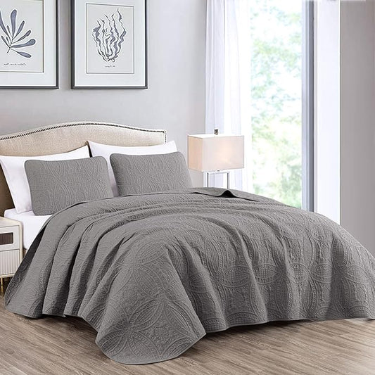 Chezmoi Collection Austin 3-Piece Oversized Bedspread Coverlet Set (King, Gray)