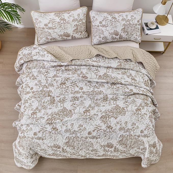 WONGS BEDDING Botanical Quilt Set California King Size, Khaki 3 Pieces Toile Floral Plants Printed Bedspread Bedding Set Soft Lightweight Microfiber Coverlet Set for All Season (112"×96")