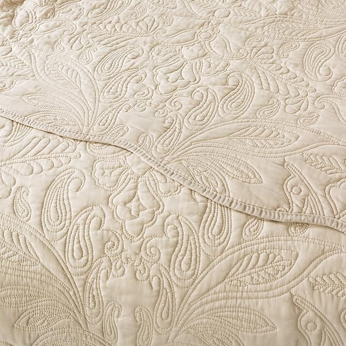 HoneiLife Quilt Set Queen Size - 3 Piece Embroidered Microfiber Bedspread Reversible Coverlet Lightweight Bedcover Paisley Pattern Bedding Set All Season Quilts-Khaki