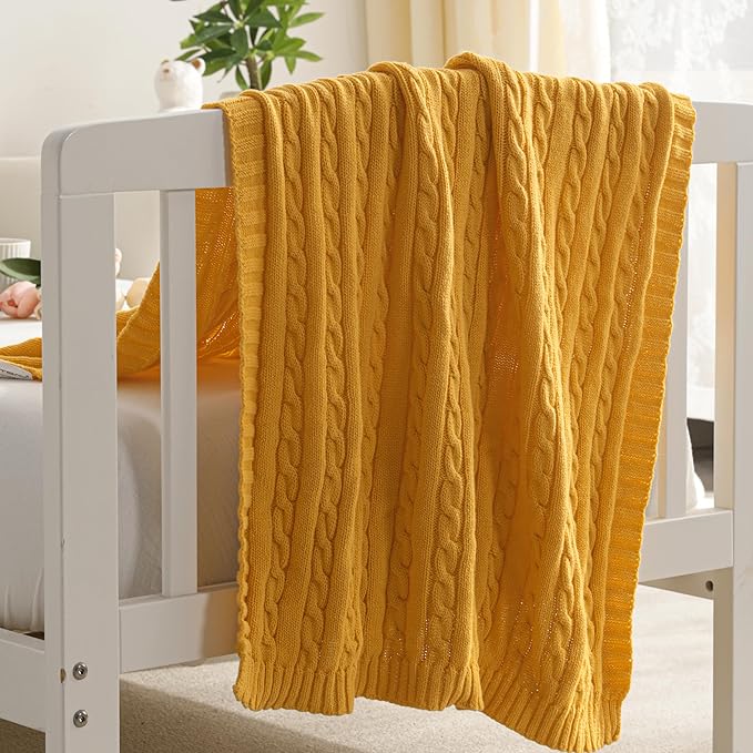 NTBAY 100% Pure Cotton Cable Knit Toddler Blanket, Super Soft Warm Breathable 30x40 Baby Blanket for Crib, Stroller, Nursery, Travel, Newborn, 30x40 Inches, Turmeric